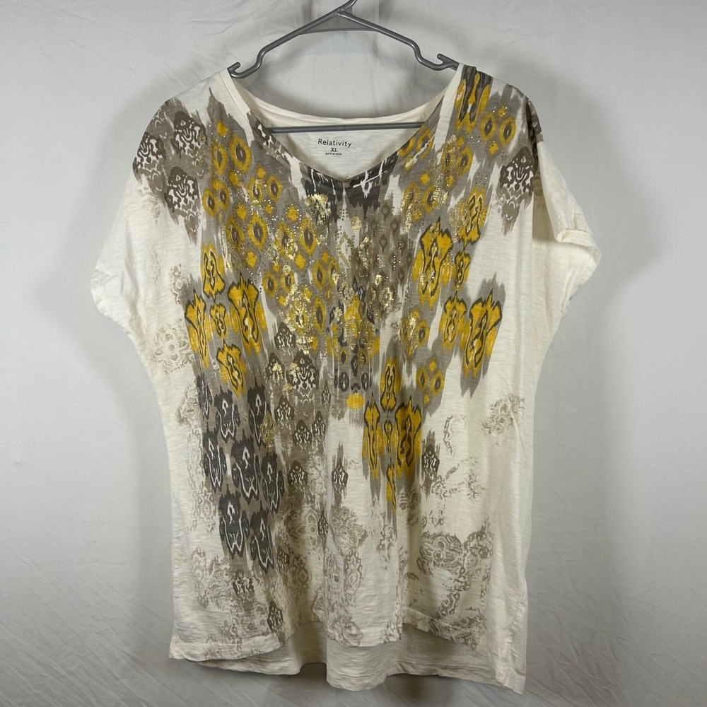Relativity Womens XL Yellow Gold Foil Ikat Rhinestone Slub Knit V-Neck‎ Top